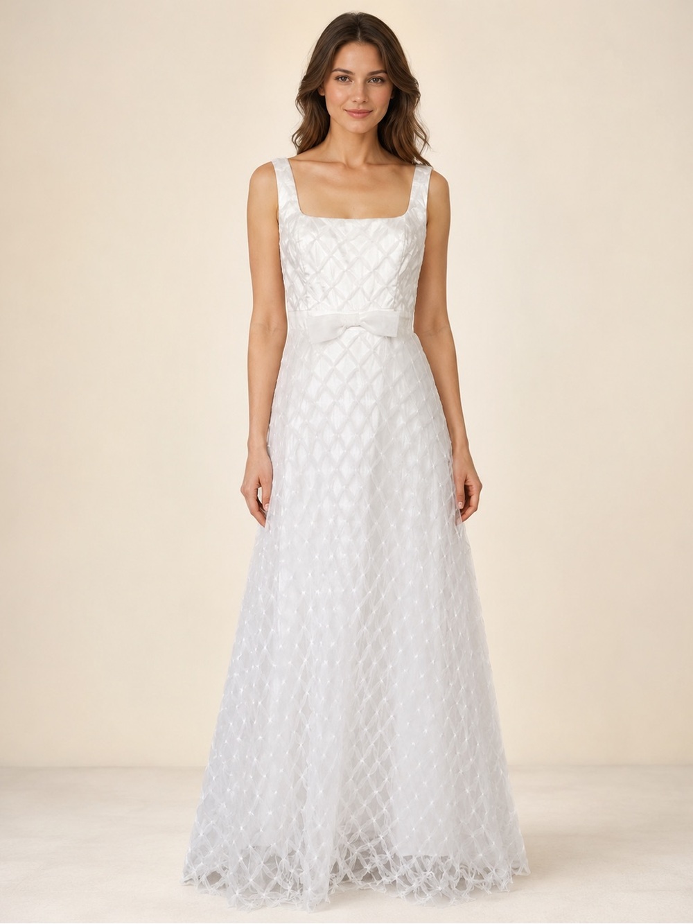 White Textured Square Neck Bridal Formal Maxi Dress NWOT